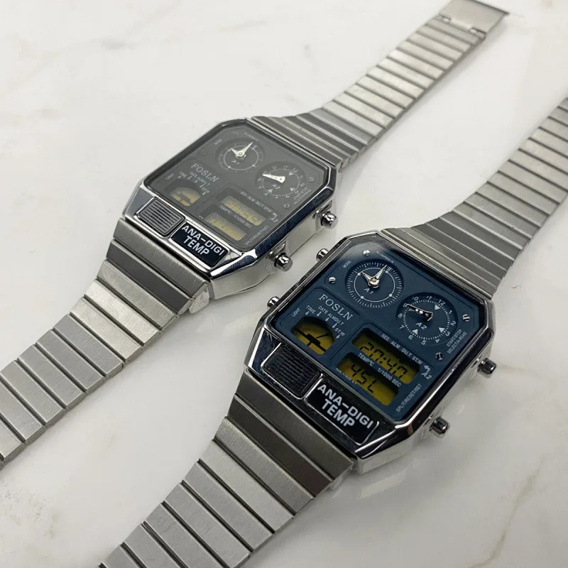 Retro Electronic Watch with Electronic Display and Pointer Display 33mm Diameter 10mm Thickness Thermometer Function Steel Strap