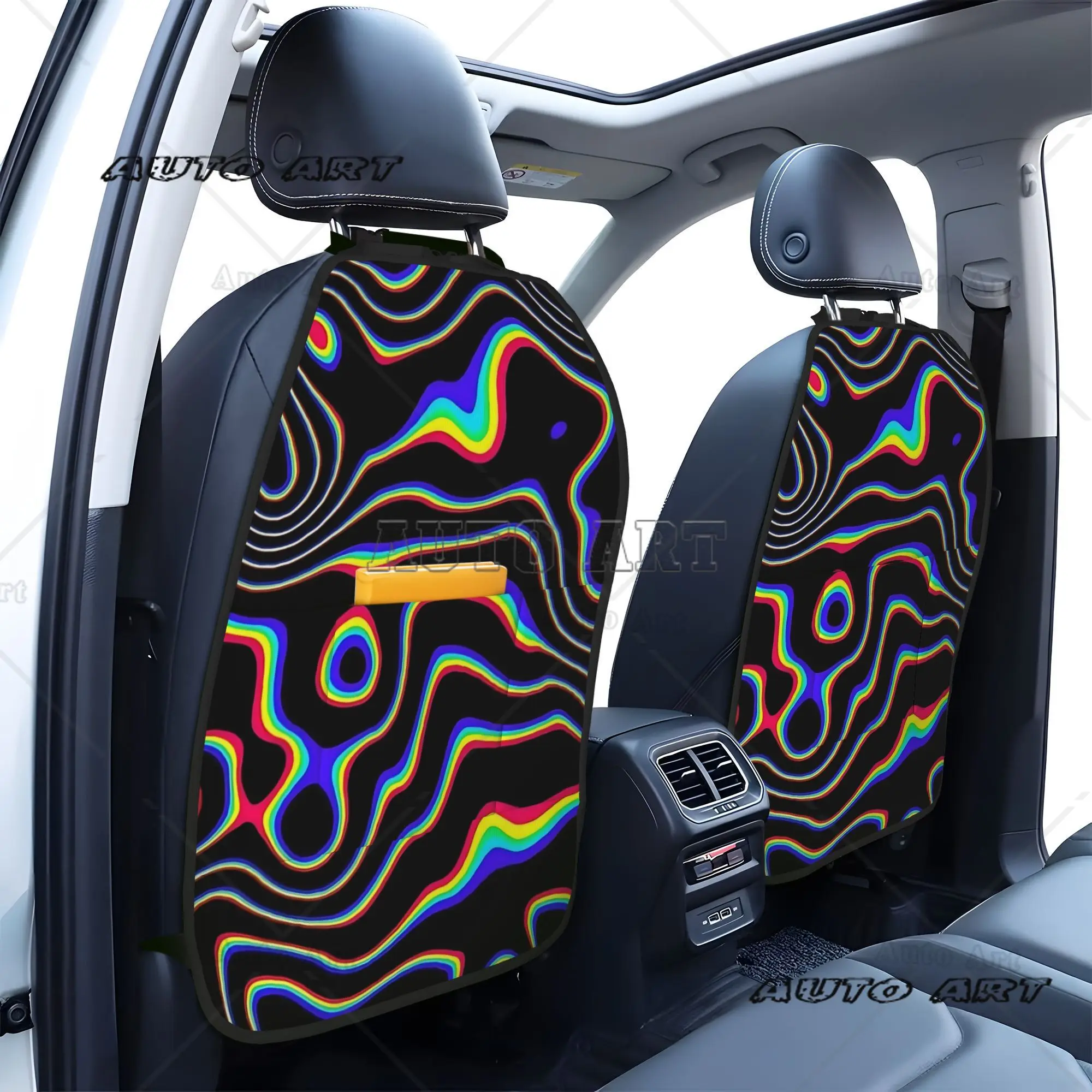 2pcs Psychedelic Wave Pattern Car Back Seat Organizer Large Kick Mats with Storage Pockets for Universal Fit for Most Vehicles