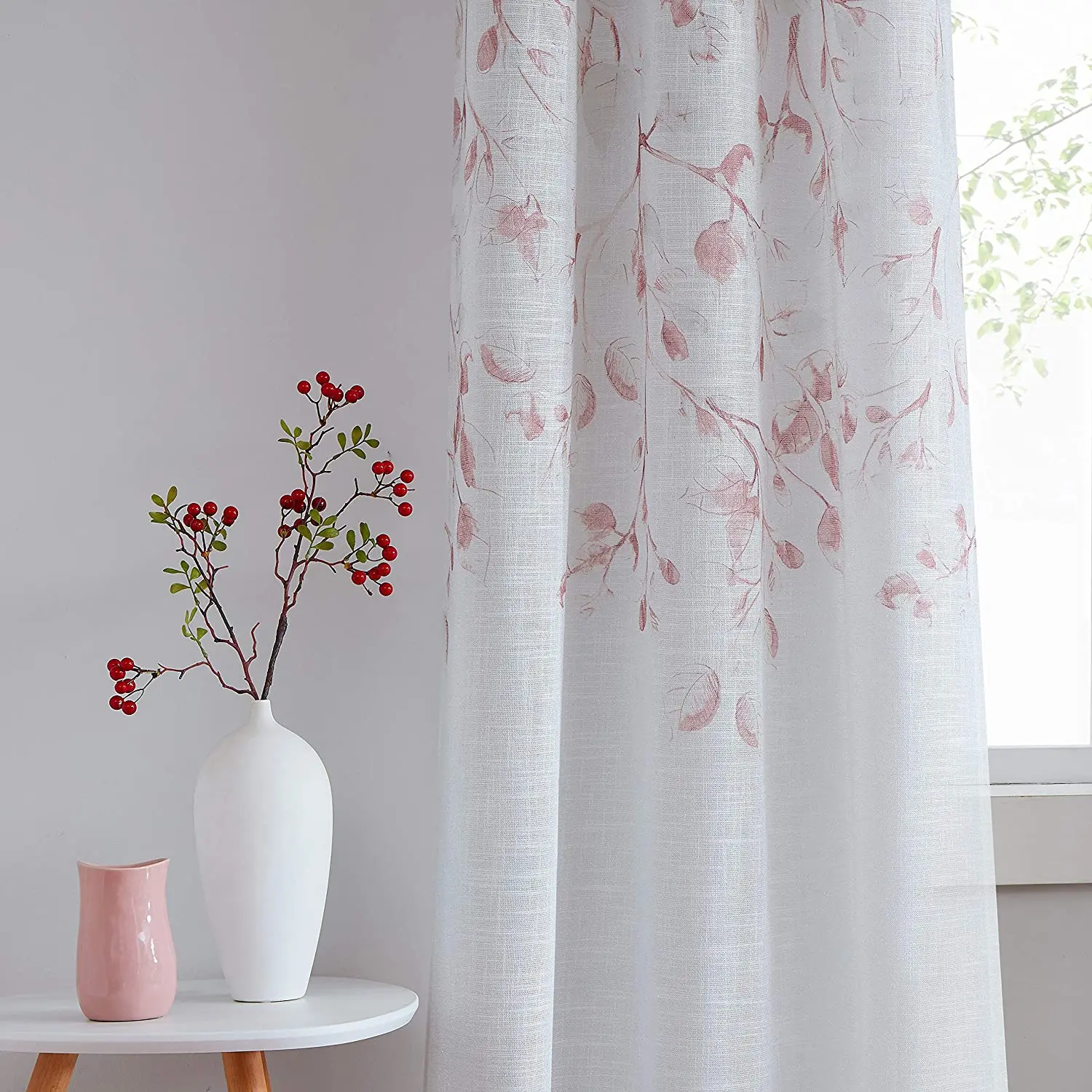 Sparkling Decorative Leaf Floral Printed Sheer Linen Window Curtain Panel for Rustic Living Room/Bedroom, Coral Red,