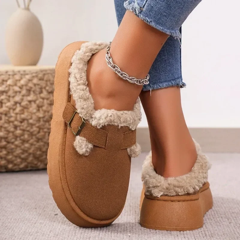 Nieuwe Luxe Winter Damesschoenen Pluche Mode Retro Bonenschoenen Katoenen Dames Zool Slippers Plateau Dameslaarzen