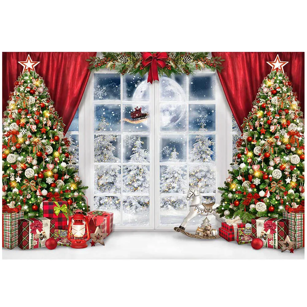 Mocsicka Giáng Sinh Phông Nền Chụp Ảnh Xmas Cây Cửa Sổ Tuyết Trăng Tròn Hình Nền Trẻ Chân Dung Bắn Phòng Thu Đạo Cụ
