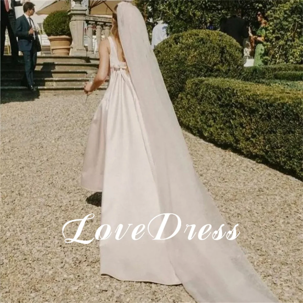 Love Princess Vestido de casamento com arco, cintas de espaguete, mancha rosa, elegante plissado, linha A, colarinho quadrado, comprimento do tornozelo, vestidos de noiva