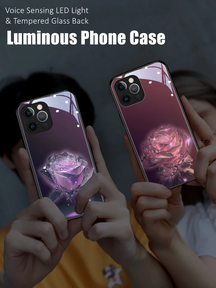 

Crystal Rose LED Light Glowing Luminous Tempered Glass Back Phone Case for Xiaomi 11 12 13 Redmi K40 K50 K60 Pro Lite Ultra