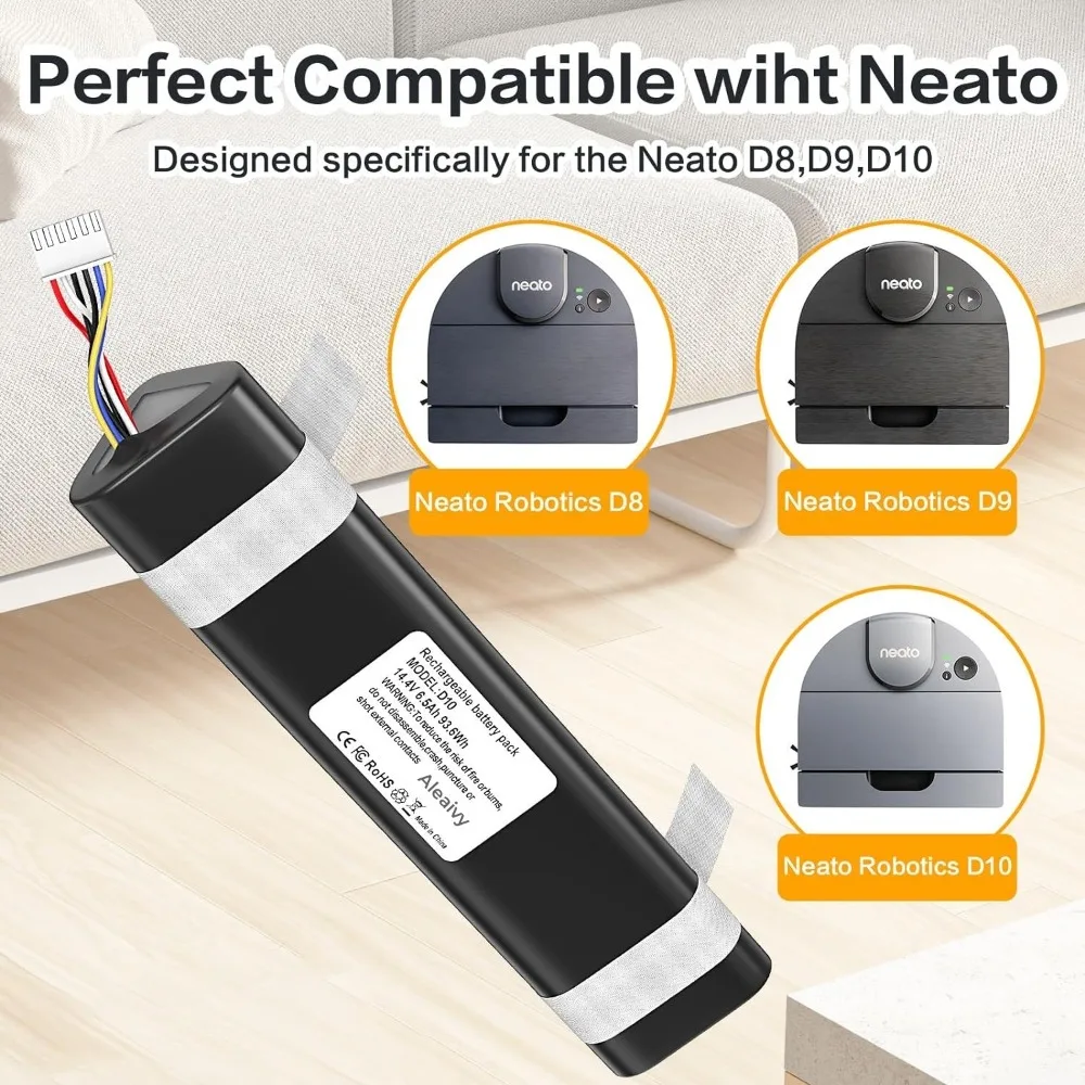 Neato 배터리 교체품, Neato D8 D9 D10 945-0356,945-0373,905-0596 로봇 진공 청소기용 리튬 이온 14.4V 배터리, 6500mAh