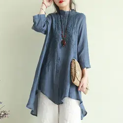 Retro Embroidered Cotton Linen Shirt Women's Spring and Autumn Mid-length Artistic Embroidered Shirt Loose Sun Protection Shirt
