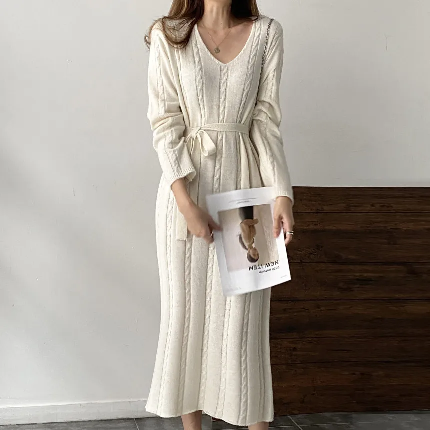 

Elegant 2022 Dresses Korean Solid Sweater Dress Women Winter Warm Woman Thick Knitted Clothing Vintage Autumn New Vestido Female