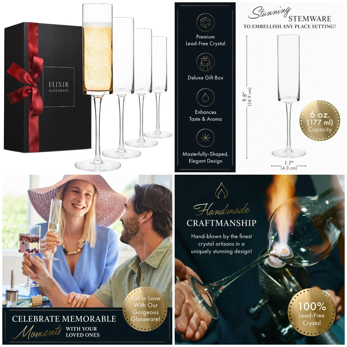 

Champagne Flutes Set of 4, 6oz Premium Crystal Glasses - Elegant for Wedding, Birthday, Anniversary, Christmas