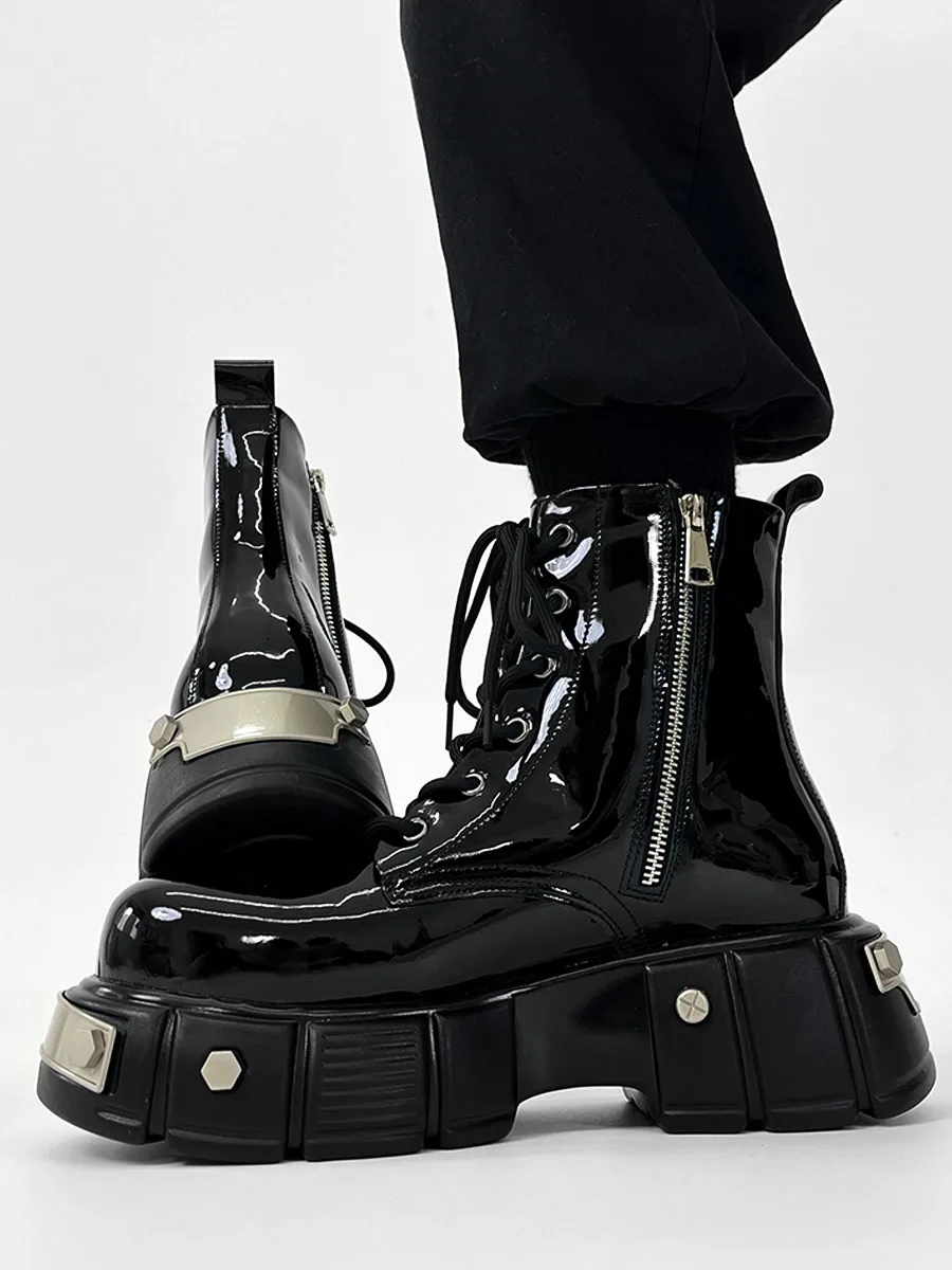 2024 New Black Patent Leather Ankle Boots Metal Rivet Platform Round Toe Side Zipper Fashion Motorcycle Boots Punk Street Shoes