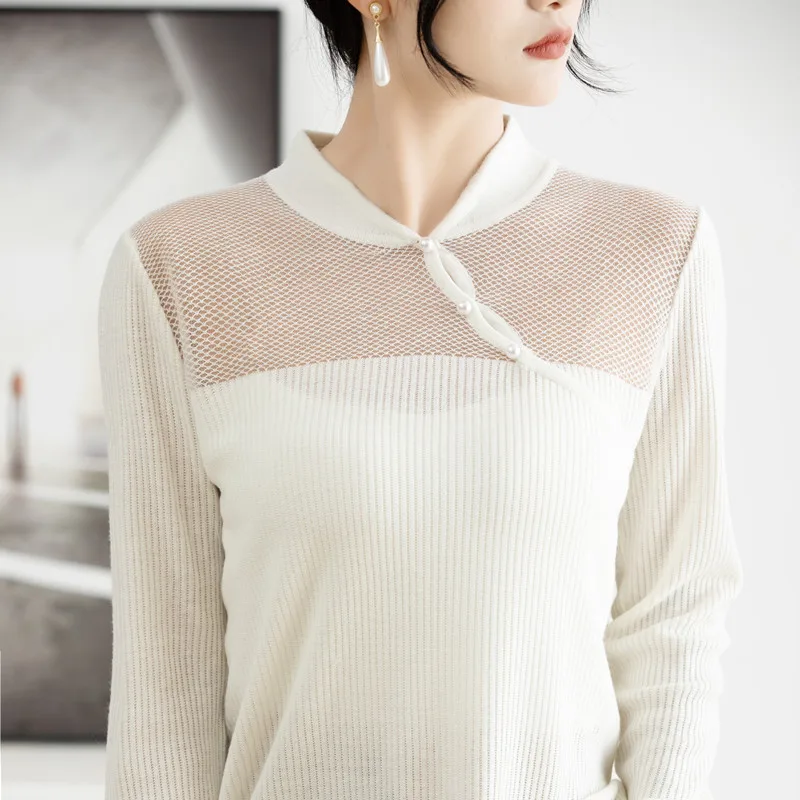 Women Pure Wool High Elasticity Sweater Chinese Cheongsam Style Pullover Spring Autumn Basis Casual Slim Warm Knitting Top