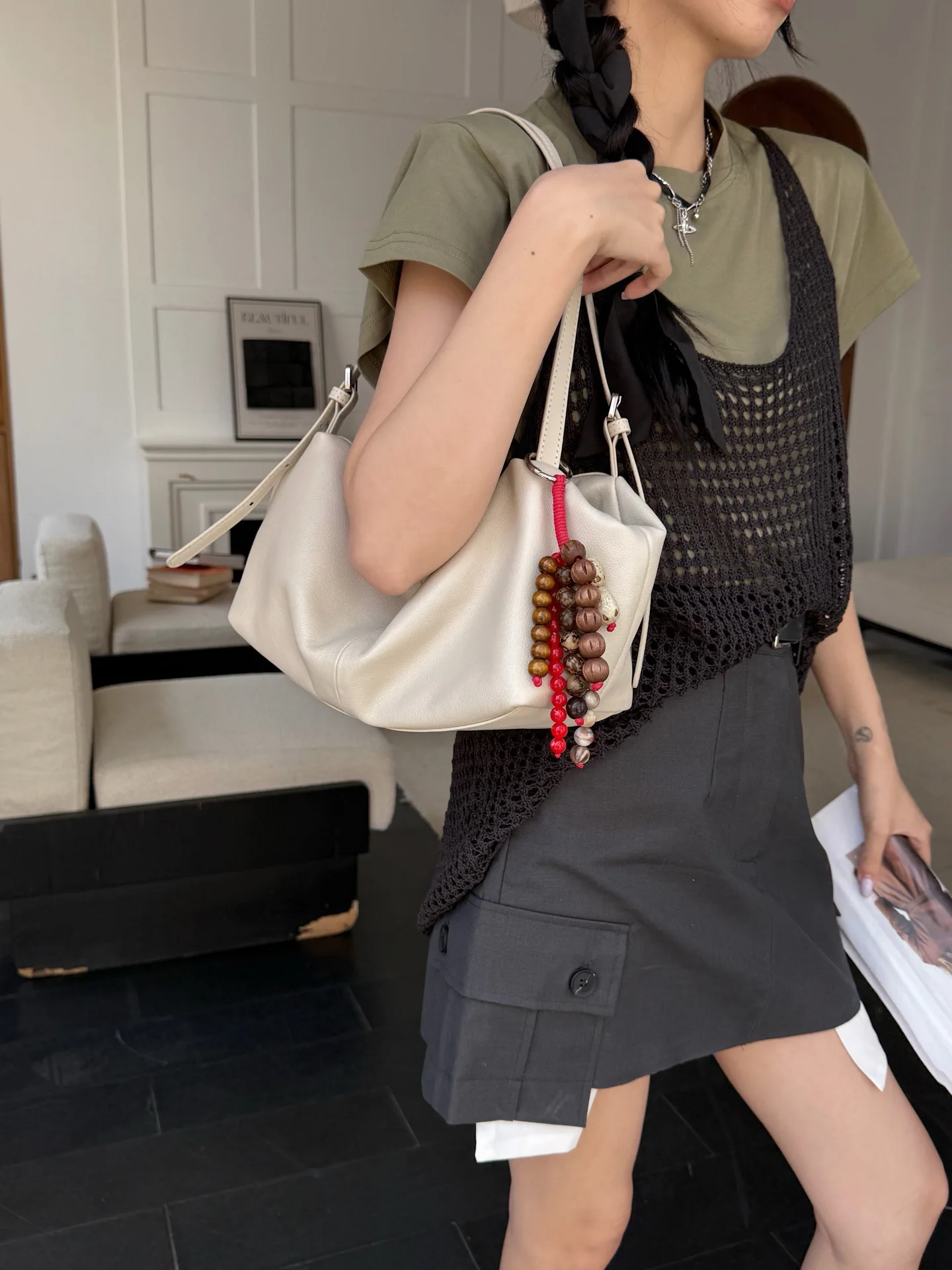 

High-class Chillax Lazy Style Yellow Hanging Basket Tote All-match Natural Cow Leather Women Bowling Handbag Shoulder Bag