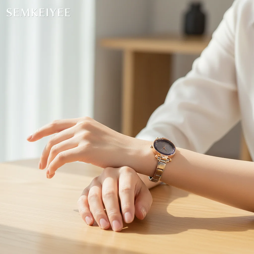 

Элегантные женские наручные часы со сверкающим синим циферблатом в стиле OL с акцентами из розового золота и браслетом из нержавеющей стали от SEMKEIYEE Charms