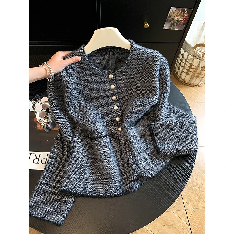 Vintage Knitted Cardigan Women Elegant Patchwork Sweater Outerwear Korean Long Sleeve Knitwear Winter Pockets Design Jumpers New