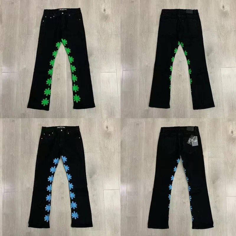 

Men Women Unisex Slim Fit Spliced Black LOSTSHDWS Jeans Top Quality Green Logo Embroidery Denim Pants Trousers With Tags