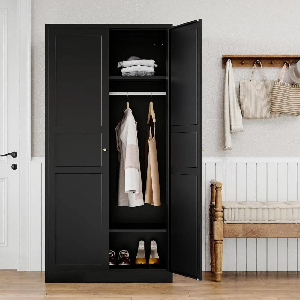 Metal Armoire Wardrobe Closet with 2 Doors 72'' Wardrobe Cabinet with Hanging Rail Metal Closet with Adjustable Shelves