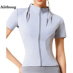 Aiithuug-Tops de Yoga de manga corta con cremallera, camisas de gimnasio, cintura más delgada, Top de entrenamiento deportivo con cremallera, chaquetas de Fitness para correr, Tops ajustados