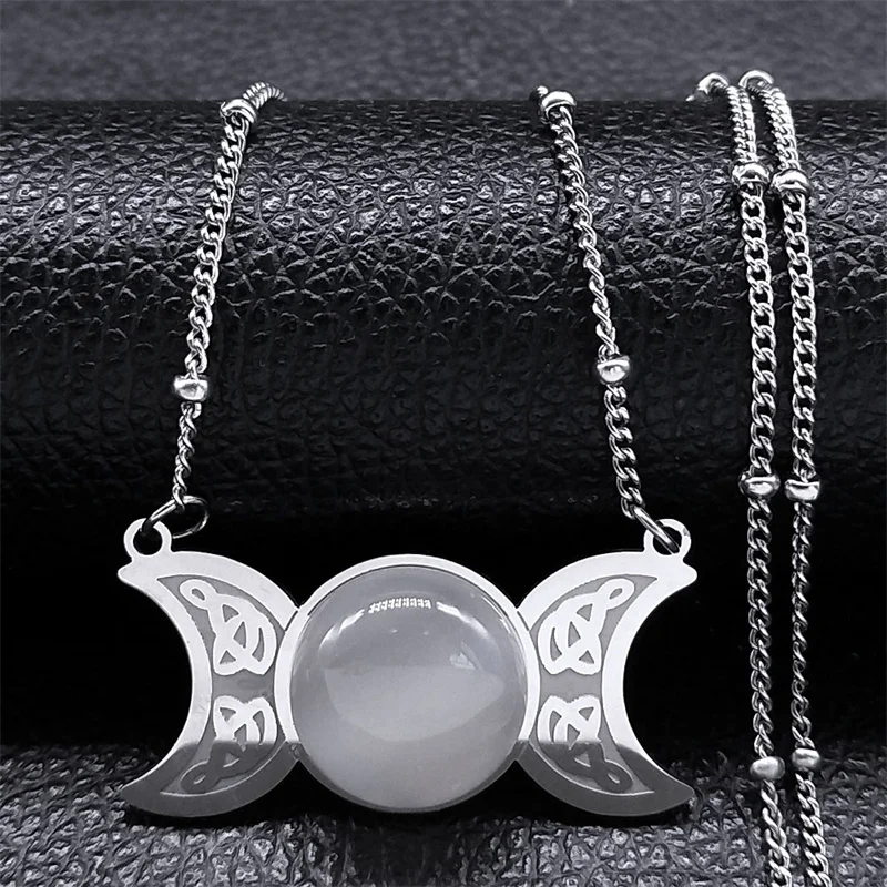 Neue Hexerei Dreifachmond Anhänger Keltische Hexe Knoten Halskette Wicca Edelstahl Opal Stein Dreifache Göttin Halsketten Schmuck – Detail 4