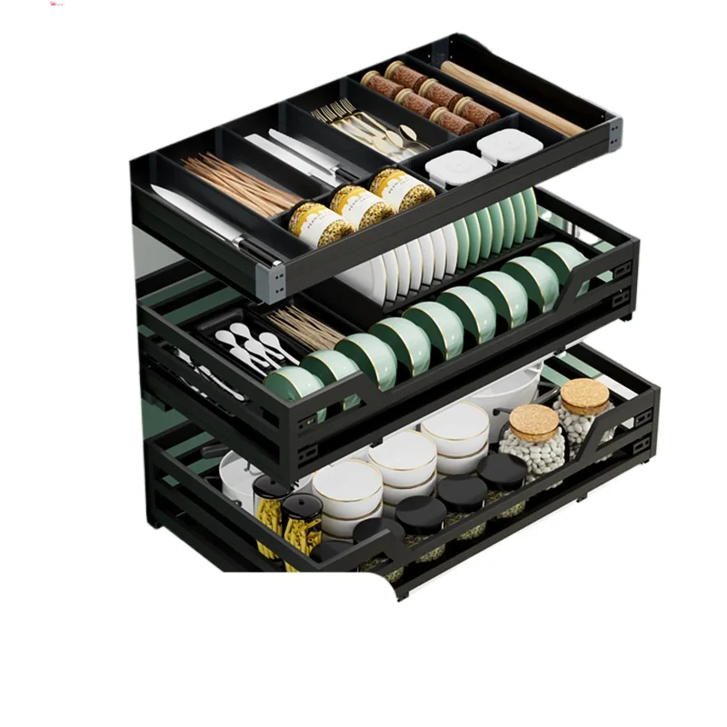 

Nano black kitchen basket pulling tool aluminum alloy drawer seasoning basket cabinet storage knife fork basket rack