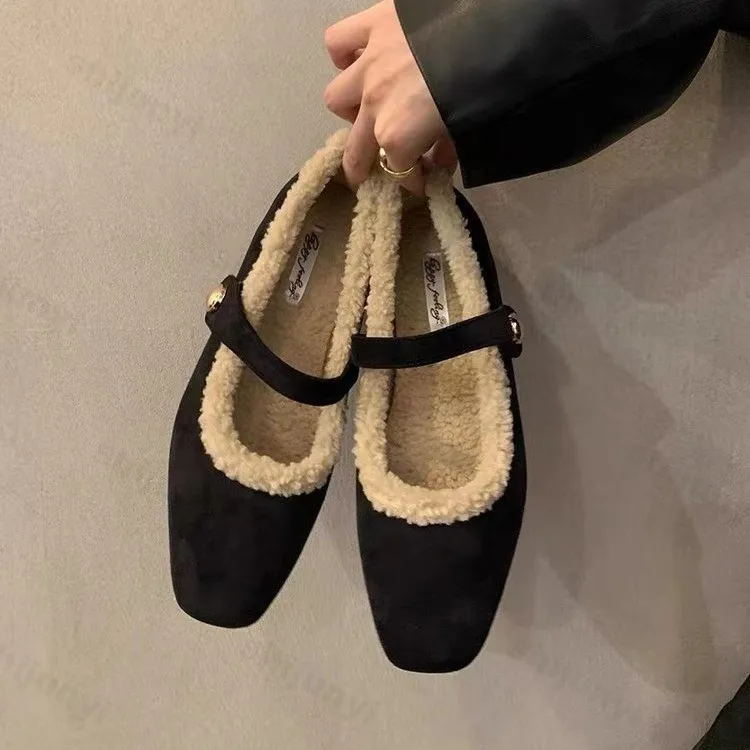 

Square Toe Cosy Lambs Wool Ballet Flats Woman Warm Fur Mary Jane Shoes Ladies Design Leopard Elegant Fluffy Plush Loafers