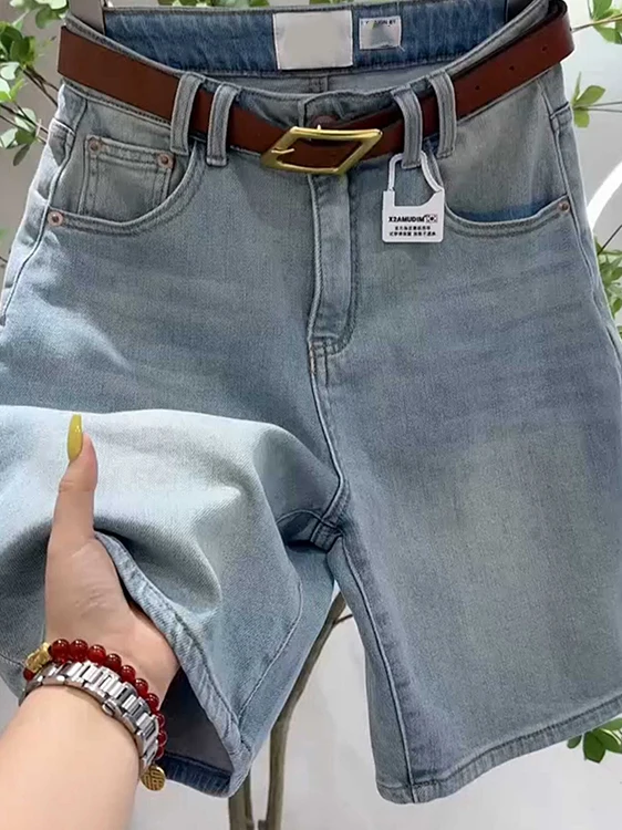 Blaue Denim-Jeans mit Hoher Taille und Geradem Bein für Damen, Elastische Schlankmachende Jeans in Übergröße, Sommer-Neuheit, Fünf-Viertel-Länge