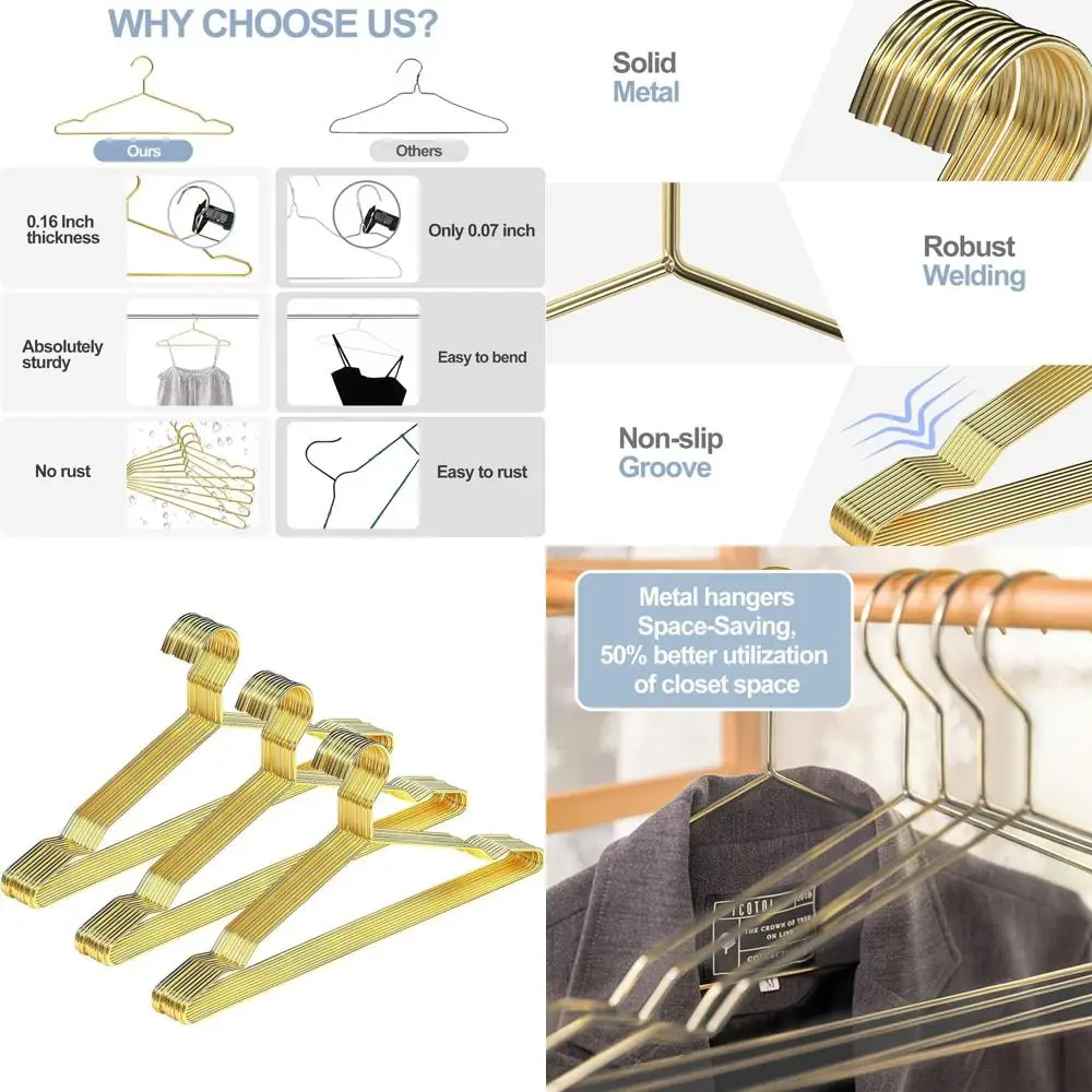 

Набор из 60 прочных металлических вешалок с выемками для пальто, рубашек, костюмов, брюк — компактные, золотистые