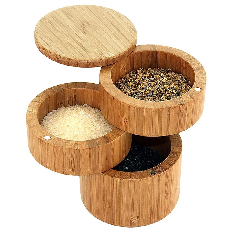 A74E-Bamboo Triple Salt Box,Wood Box,3-Tier Round Bamboo Box For Salt Or Spice With Magnetic Swivel Lid Spice Storage Box