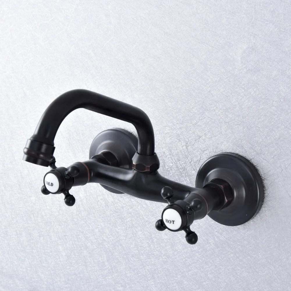 

Oil Rubbed Bronze Wall Mount Double Handle Swivel Spout Bathroom Faucets Sink Basin Mixer Tap tsf736