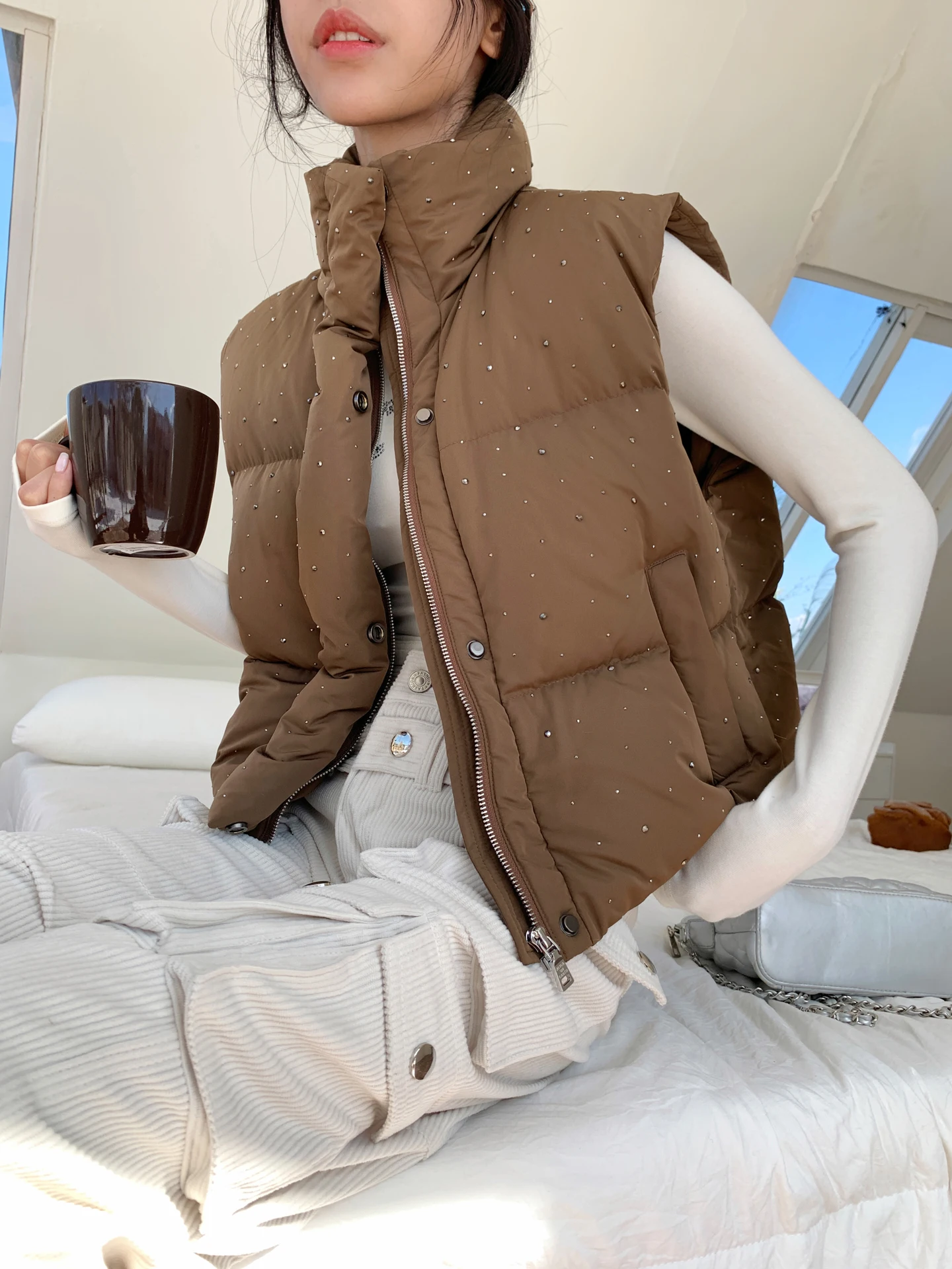 

Aviva on Earth Heavy Du Rhinestone Puff Svel Jaet Women's Autumn Winter Thi Warm Versatile Vest Top Polyester Fiber