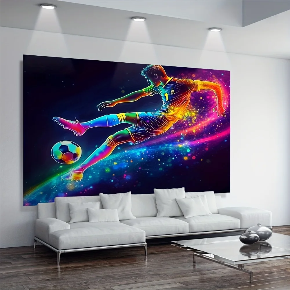 Soccer Player Tapestry - Colorful Abstract Sports Wall Art Galaxy Football Decor Dynamic Action Hanging Polyester Multiple Sizes
