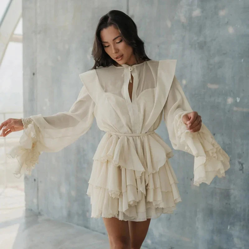 

Ruffled Chiffon Dress Female Mesh See Through Loose Mini Dress Office Lady Long Sleeve Lace Up French Dress High Waist
