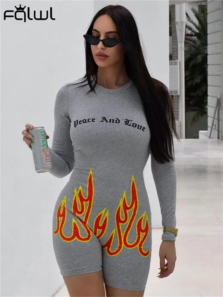 

Habbris Autumn Sexy Gray Letter Graphic Print Rompers Casual Party For Women 2023 Long Sleeve Fashion Street Bodycon Rompers