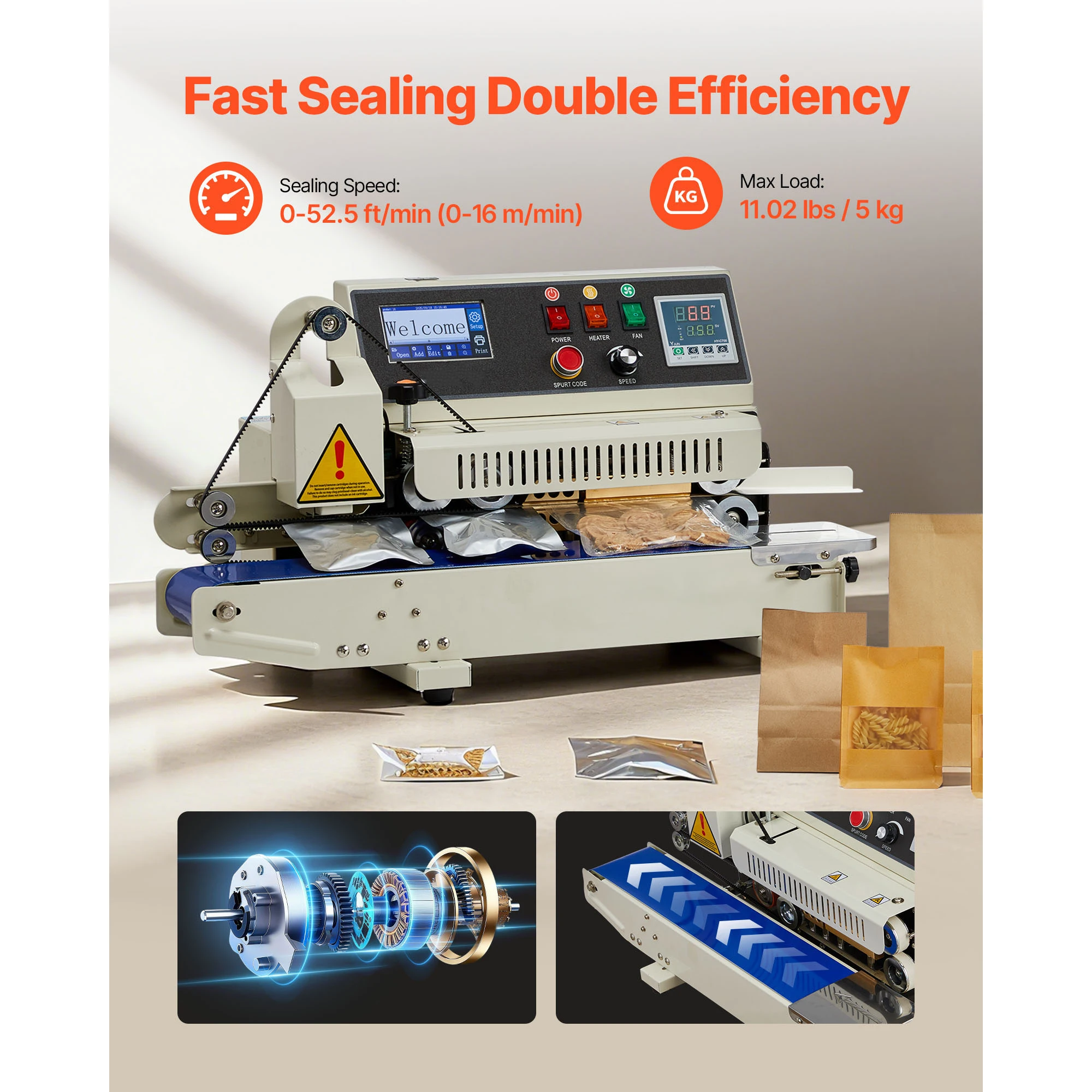 SucceBuy Continuous Bag Band Sealing Machine 0.24-0.47in Width Horizontal Band Sealer with Ink Printing for 0.001-0.03 in Bags