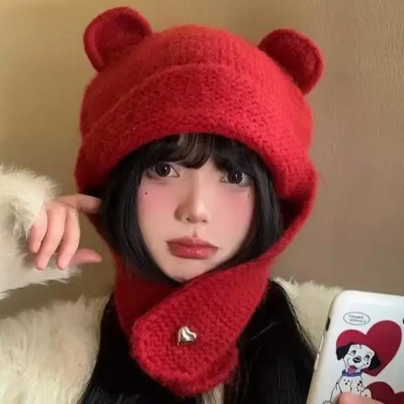 Winter Hats Woman Knit Beanie Balaclava Cute Bear Ear Keep Warm Baggy Cap With Scarf Funny Hats Girls Accessories Bonnets New