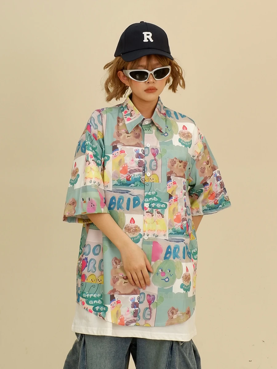 Creative Full-printed Cartoon Short-sleeved Shirts Female Spring 2024 New Loose Bf Japanese Harajuku Style Top