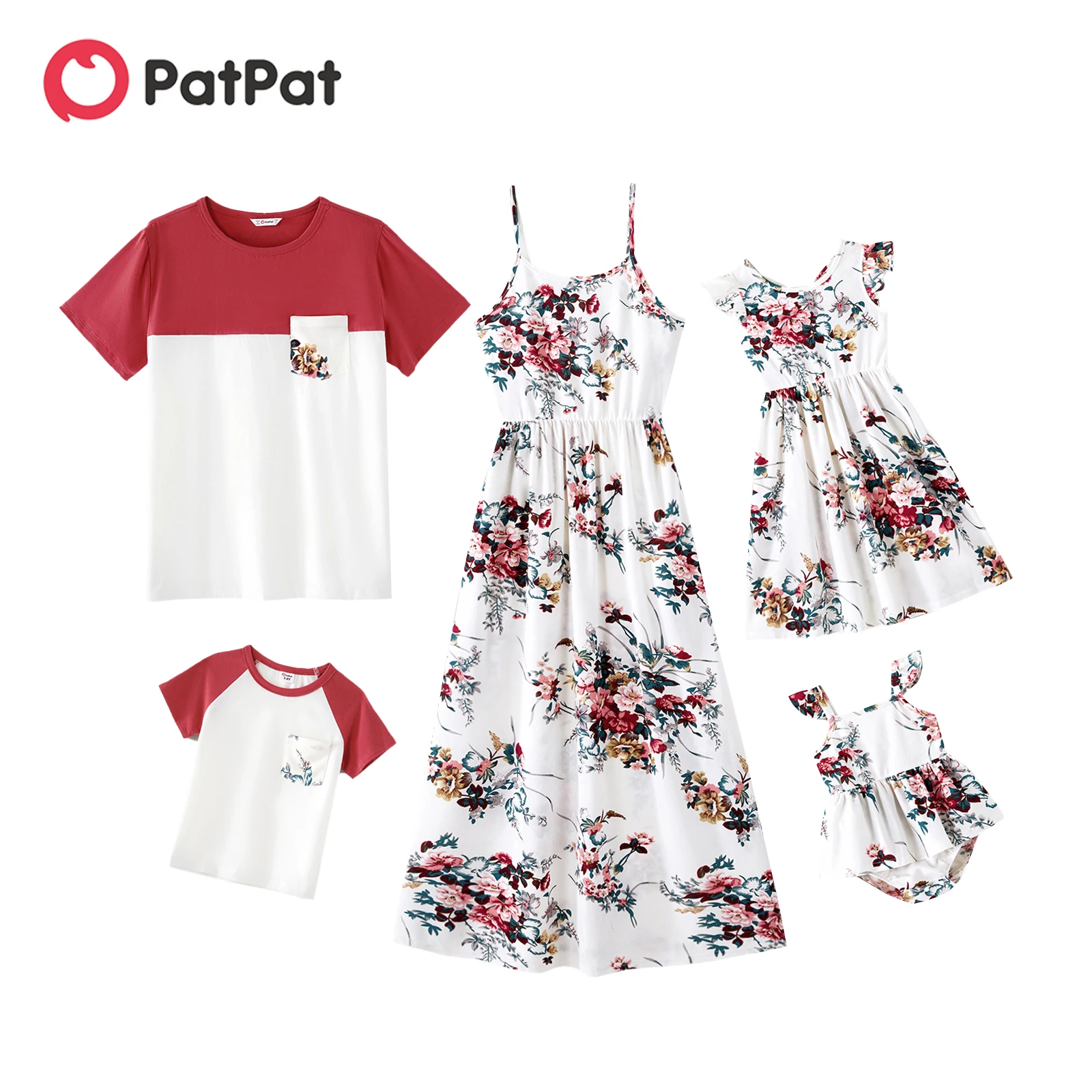 

PatPat Family Matching Outfits All Over Floral Print Spaghetti Strap Dresses and Colorblock Short-sleeve T-shirts Sets