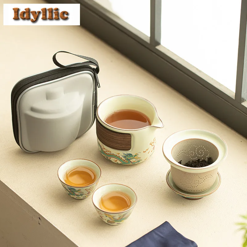 

Ru Kiln Dragon And Phoenix Travel Tea Set Kit Creative 1 Pot 3 Cups Tea Making Organizer Portable Picnic Handbag Accessories