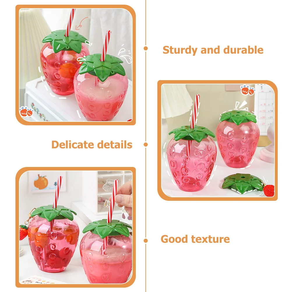 

4 Sets Red Strawberry Cups Straws Portable Fruit Tea Cups 500ml PP PET Material Comfortable H Long Time Warm Cool Lid Design