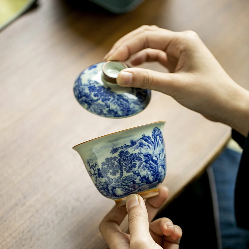 الصينية الرجعية الأزرق والأبيض الخزف فنجان شاي المحمولة وعاء واحد اثنين كوب ثلاثة أكواب السفر طقم شاي الكونغ فو