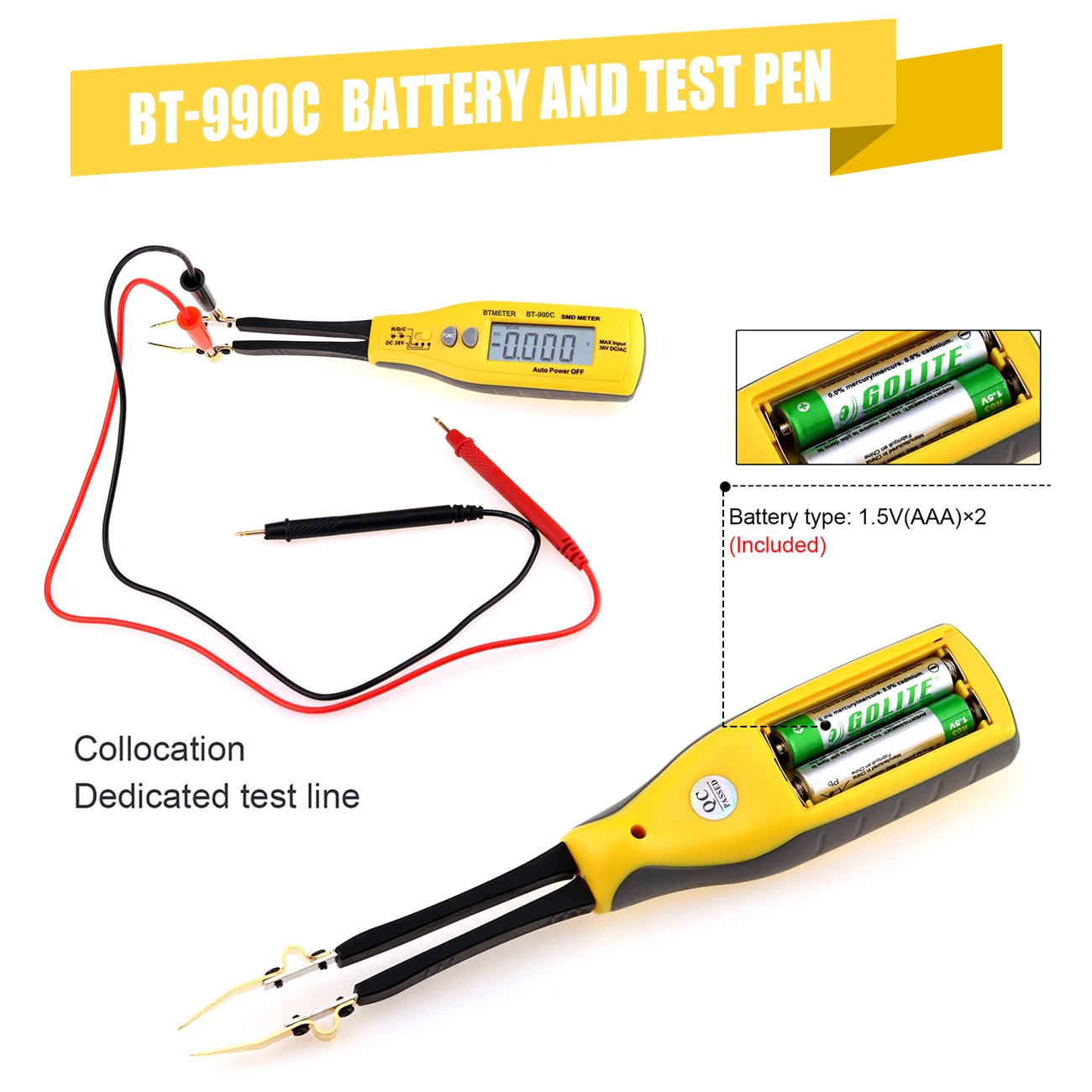 BT-990C Digital Capacitance Meter SMD Tester for Diode Capacitance Resistance Tweezers Meter Battery Tester with Spare Test Pin