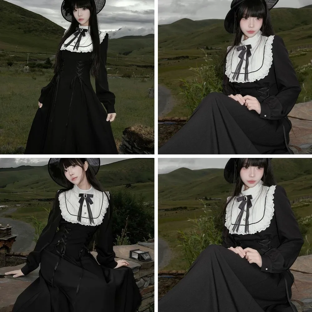 

Japanese Lolita Sweet Bow Dress Y2k Patchwork A-Line Vintage Harajuku Bandage Grunge Vestidos