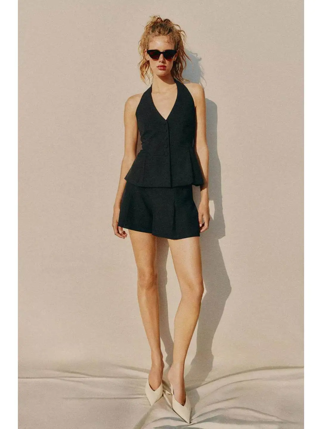 Summer Short Sleeve Vest Style Shirt with Button Decoration Hanging Neck Design Polyester Fiber Short Pants Women's Fashion Set