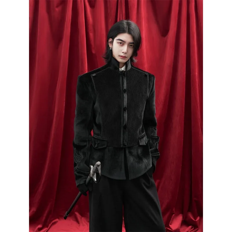 

Men Collar Rope Coat Blazer Court Napoleon Velvet Stand-up