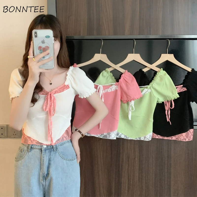 T-shirts Women Solid Lace Fake Two Pieces Simple Creativity Special All-match Summer Daily Prevalent Korean Style Delicate Sweet