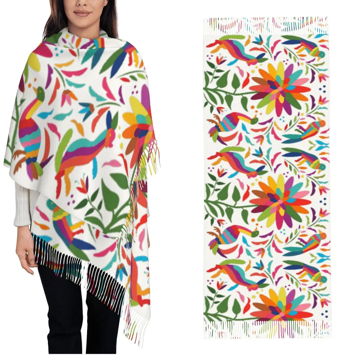 

Womens Scarf with Tassel Mexican Fiesta Flowers Long Winter Fall Shawl and Wrap Otomi Birds Daily Wear Cashmere Scarf