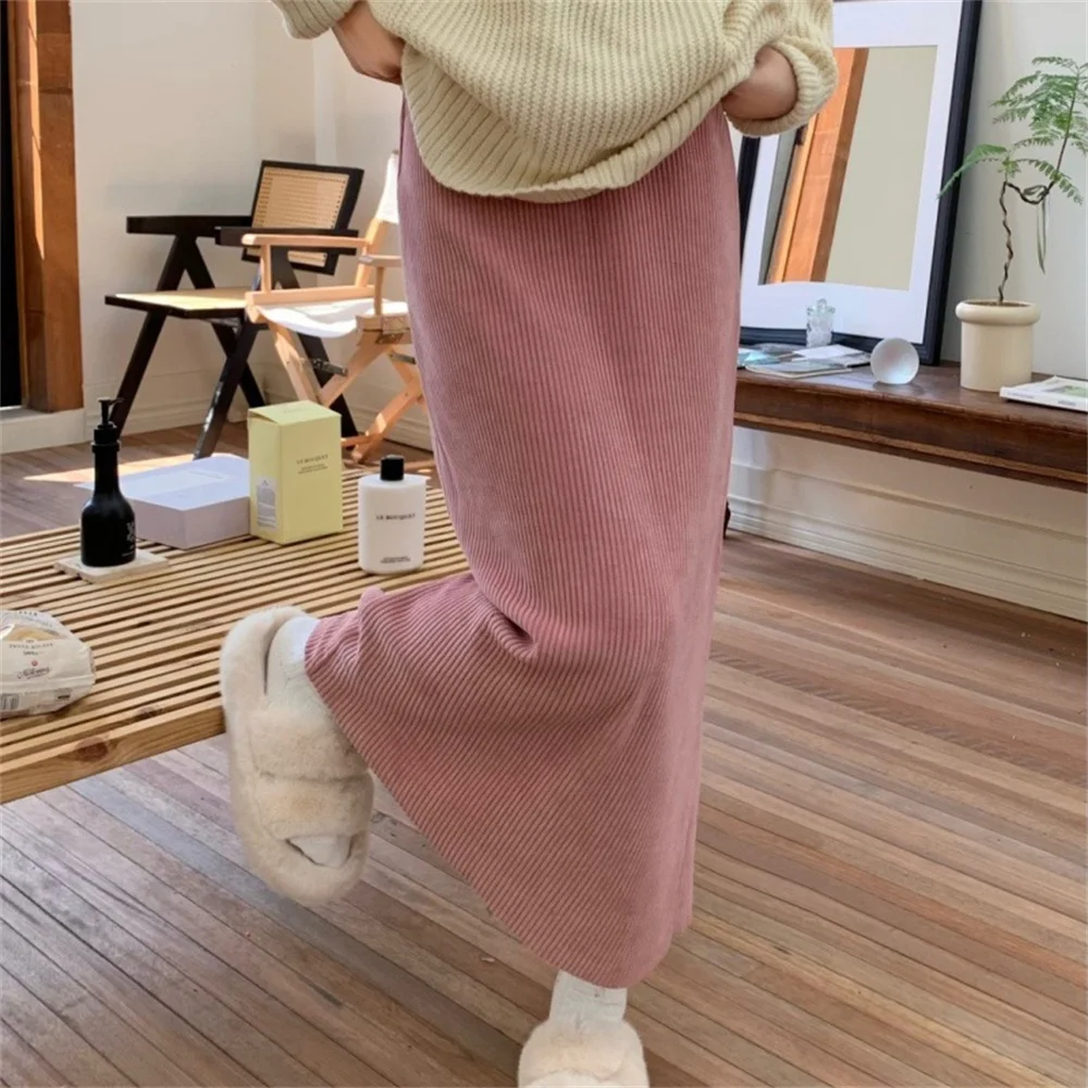 Fashion Corduroy Pink A-Line Skirts Women Korean Elastic High Waist Midi Skirt Women  Autumn Winter Vintage Warm Long Skirt
