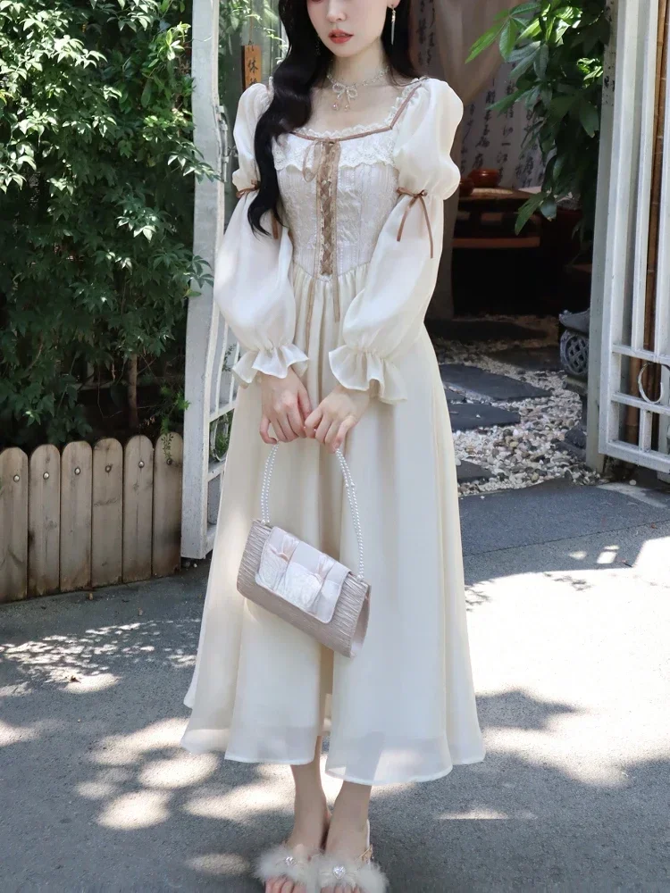 Chiffon Vintage Evening Party Midi Dress Women Bubble Sleeve Korean Elegant Dress Female Lace Sweet France Princess Dress 2024