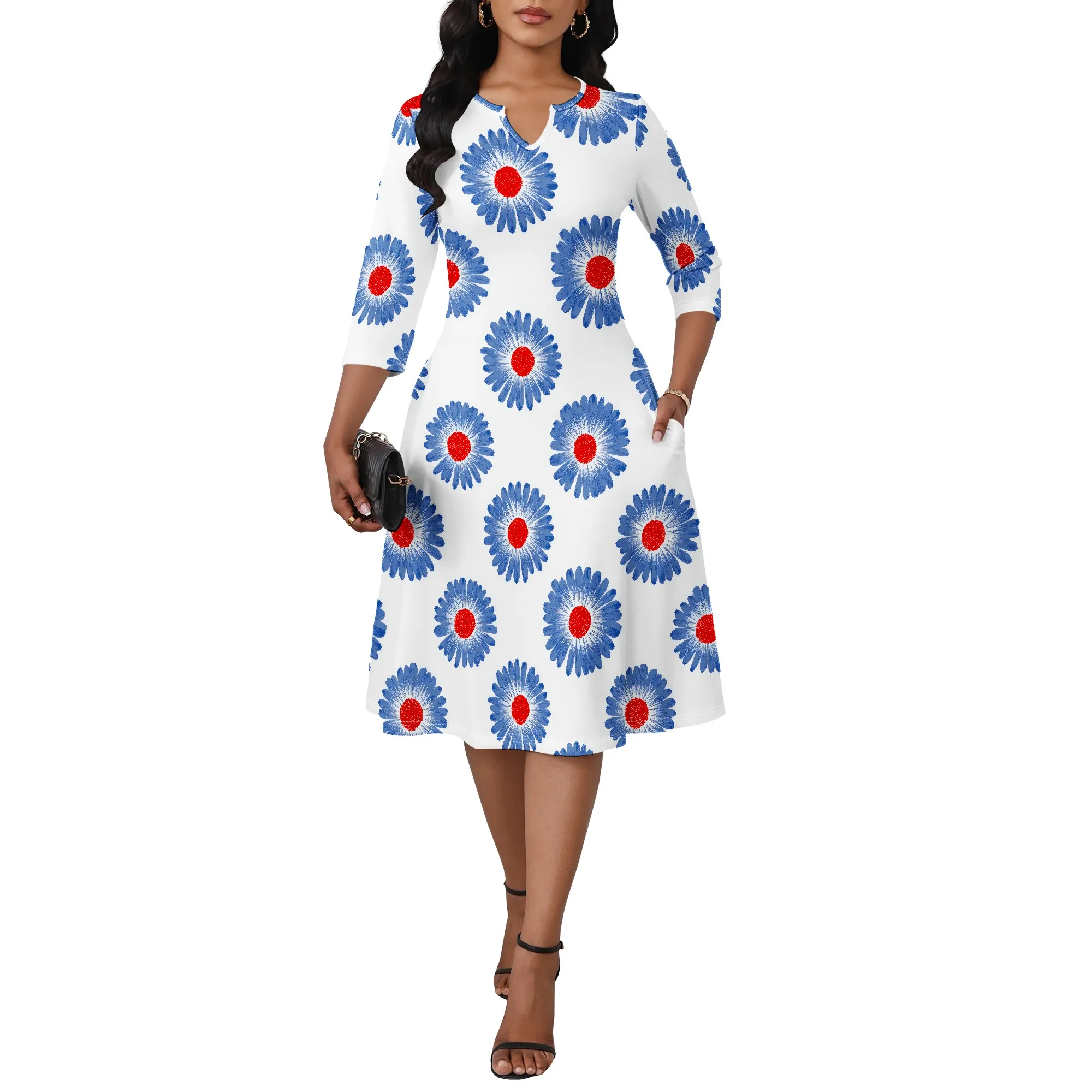 

Women's Elegant 3/4 Sleeve Sexy High Waist V Neck Ruffle Dresses A-Line Flowy Sundress Cocktail Party Midi Dress
