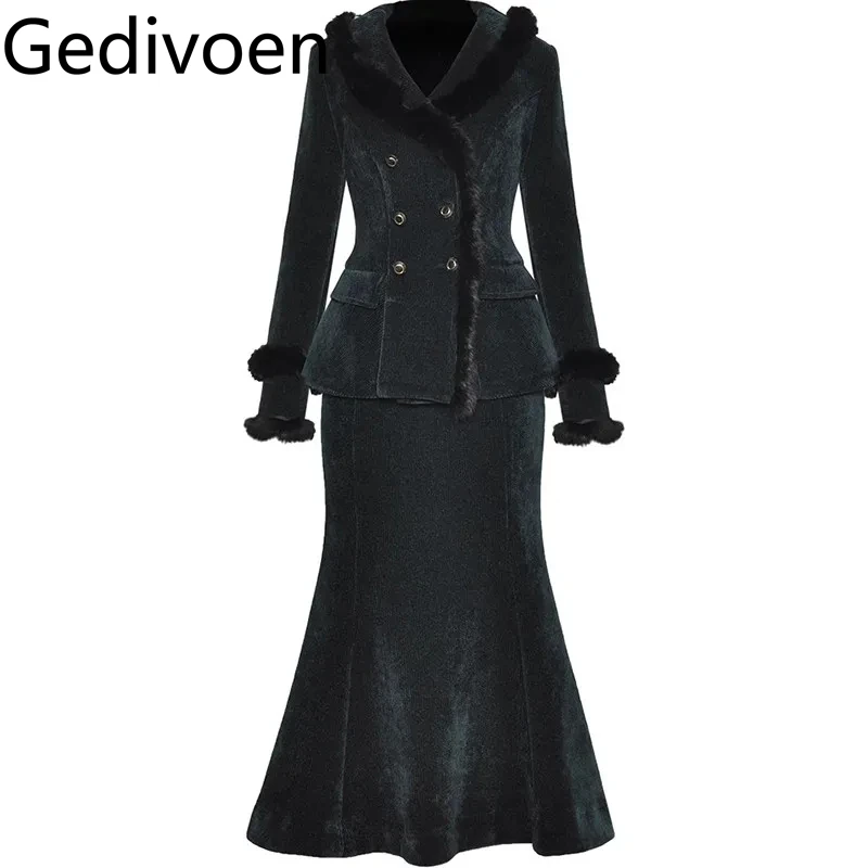 Gedivoen Women's Fashion Streetwear Suit Notched Double-breasted Coat Tops+Straight Skirt Autumn and Winter 2 piece set