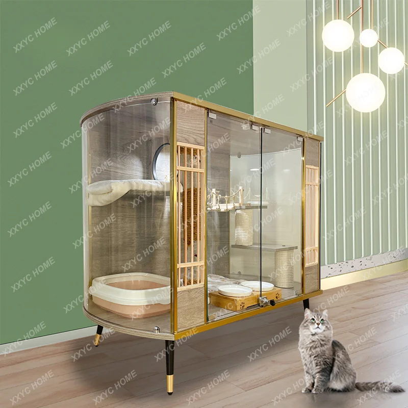 Original Cat Curved Panoramic Cat Villa Glass Transparent Luxury Solid Wood Cat Cabinet Cattery Cat Coffee Cat Nest Cage