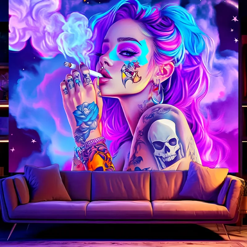 VIKAMA Wandteppich „Phantom Tattoo Girl“, Wandteppich, Kunst, Heimdekoration, Schlafzimmer, Büro, Wohnzimmer, Schlafsaal, Heimtextilien