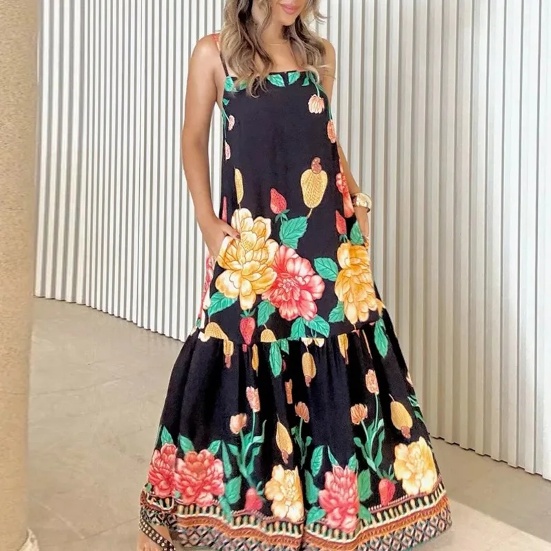 

Female Floral Print Big Swing Long Dress Elegant 2025 Loose Draped Spaghetti Party Dress All Match Square Collar Sling Dress